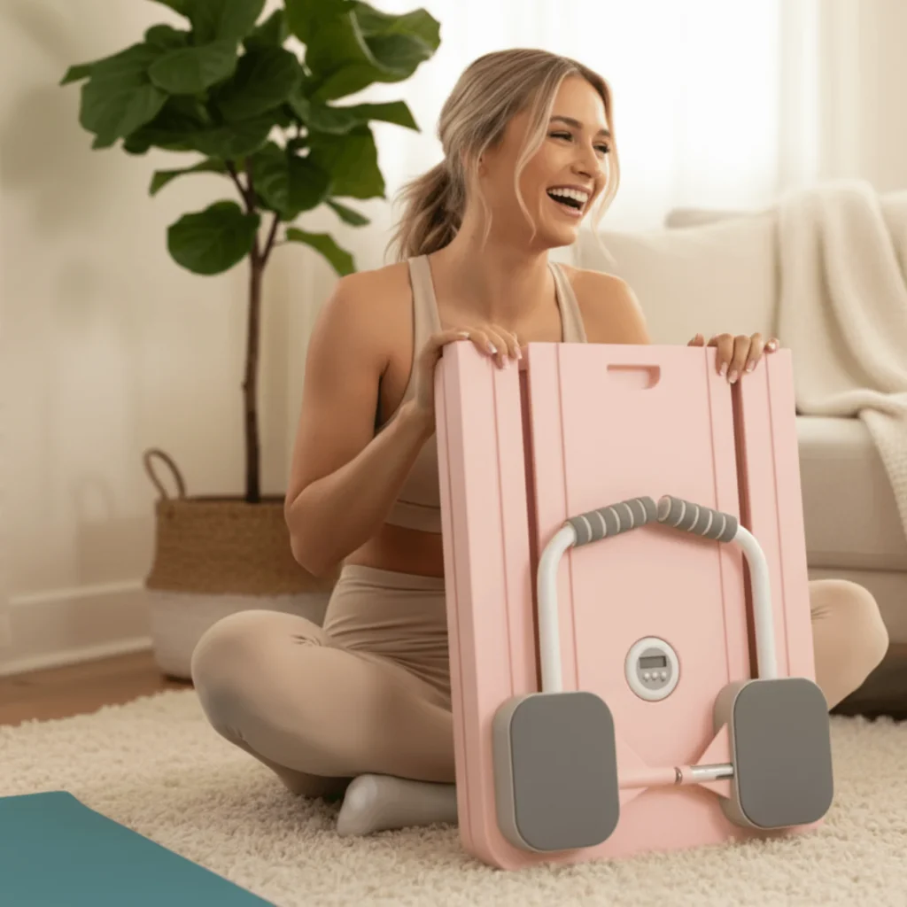 A girl holding a Pilates & Pearls Reformer and smiling.