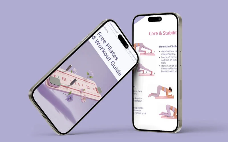 A phone with our Pilates & Pearls guide with Pilates Reformer exercises.